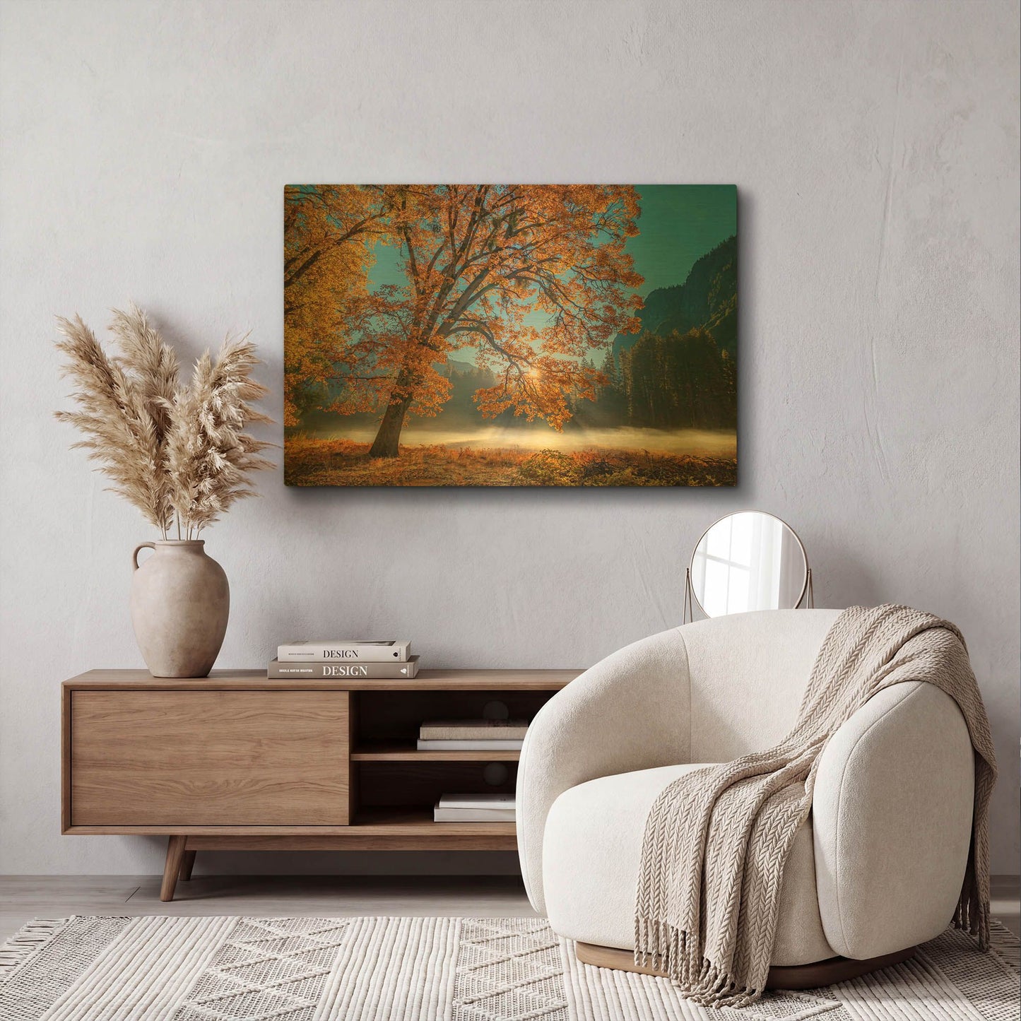 'Autumn Oak Sunrise & Fog' By John Gavrilis Gold Metal Wall Art