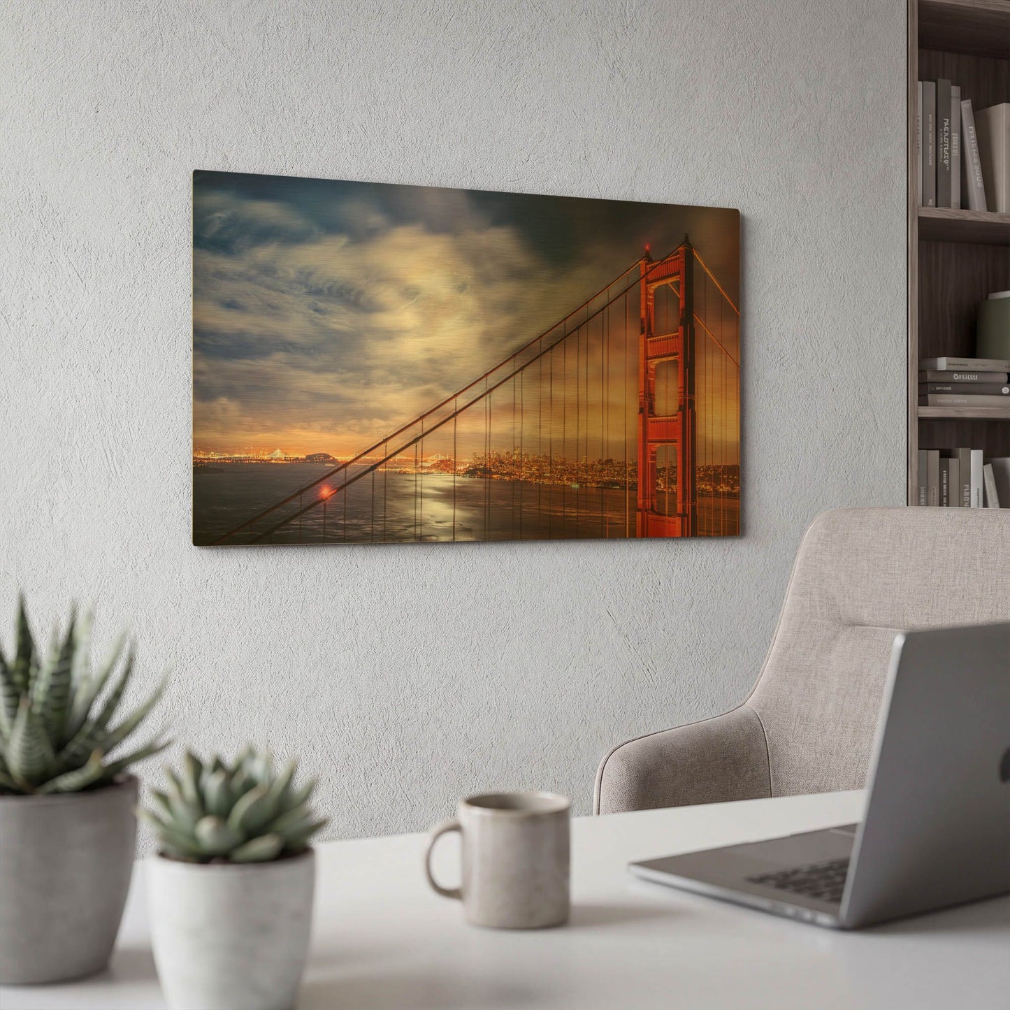 'N. Tower Panorama - GG Bridge' By John Gavrilis Gold Metal Wall Art