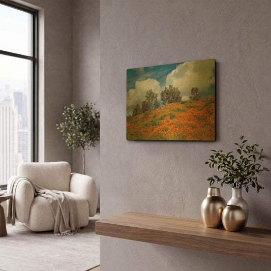 'Poppies, Trees & Clouds' By John Gavrilis Gold Metal Wall Art