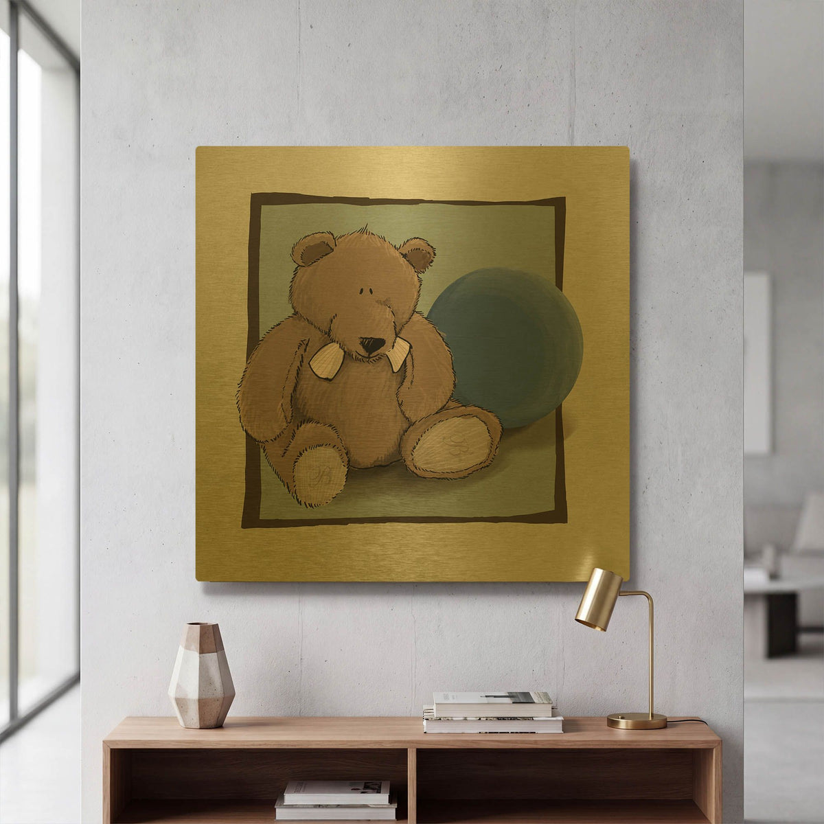 'Teddy Bear and Ball' By GraphINC Gold Metal Wall Art