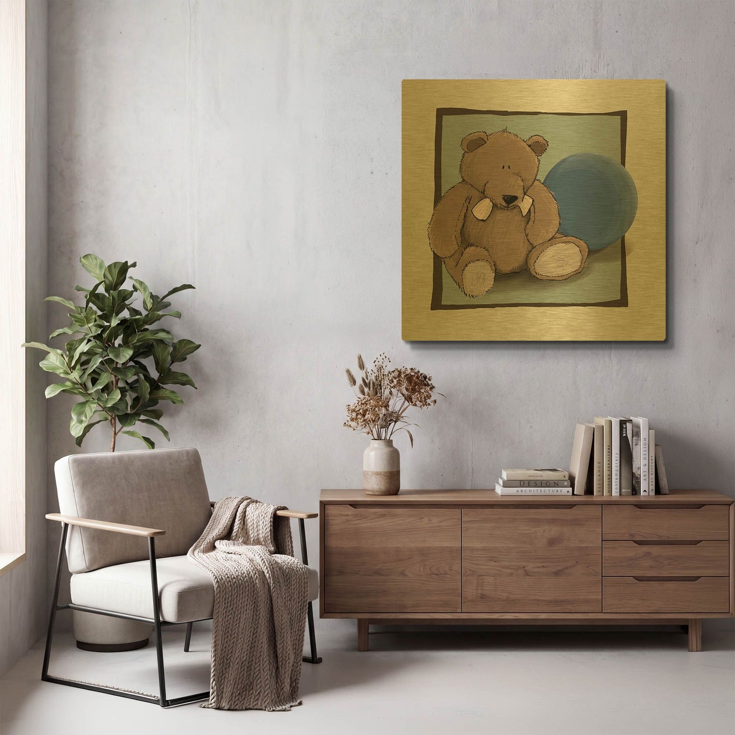 'Teddy Bear and Ball' By GraphINC Gold Metal Wall Art