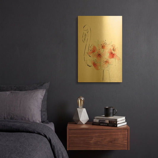 'Flamingo Flowers' By Green Lili Gold Metal Wall Art