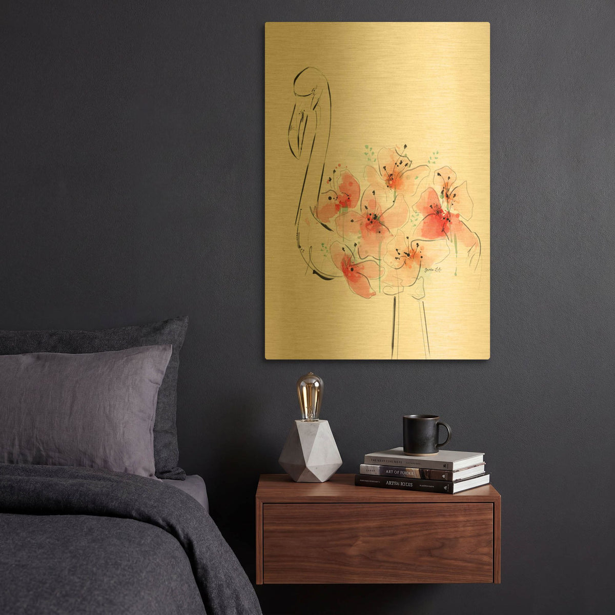 'Flamingo Flowers' By Green Lili Gold Metal Wall Art