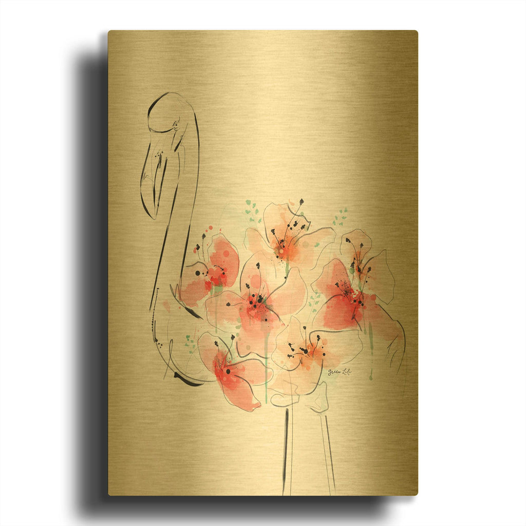 'Flamingo Flowers' By Green Lili Gold Metal Wall Art