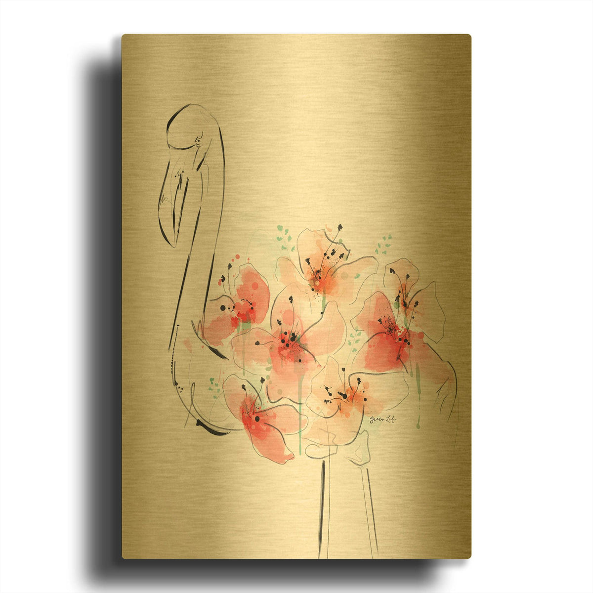'Flamingo Flowers' By Green Lili Gold Metal Wall Art