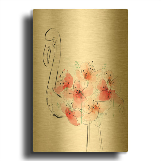 'Flamingo Flowers' By Green Lili Gold Metal Wall Art