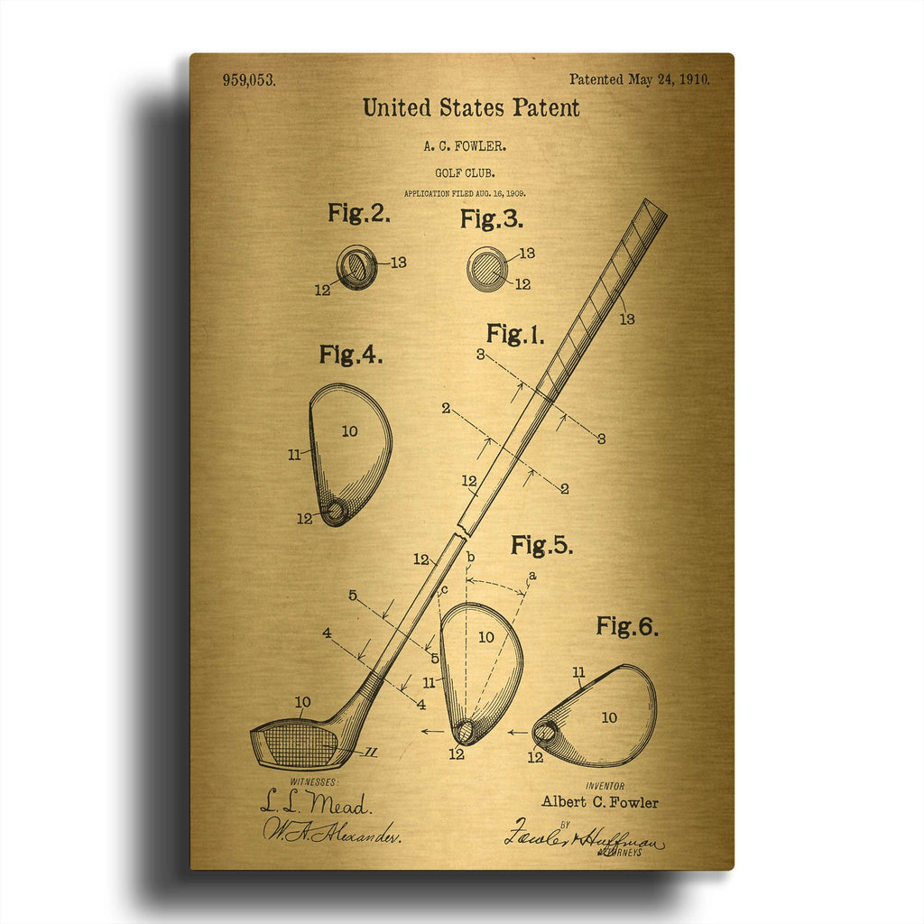 'Golf Club Vintage Patent Blueprint' By LUXE Gold Metal Wall Art