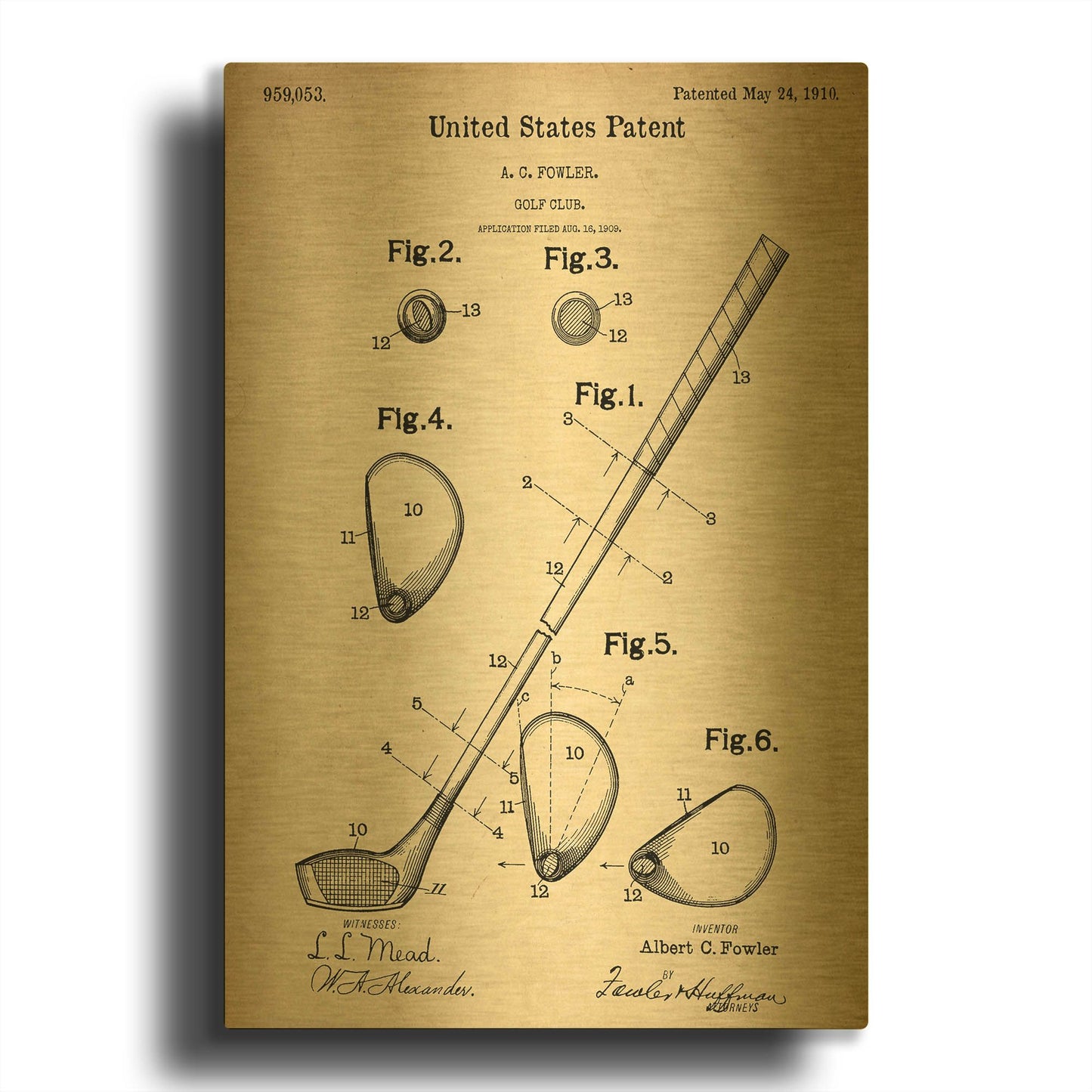 'Golf Club Vintage Patent Blueprint' By LUXE Gold Metal Wall Art