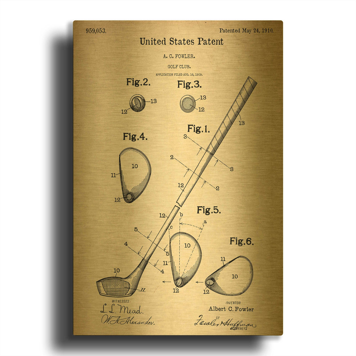 'Golf Club Vintage Patent Blueprint' By LUXE Gold Metal Wall Art