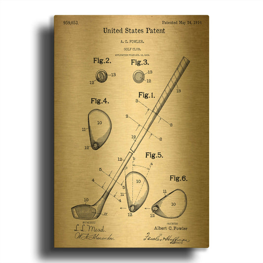 'Golf Club Vintage Patent Blueprint' By LUXE Gold Metal Wall Art