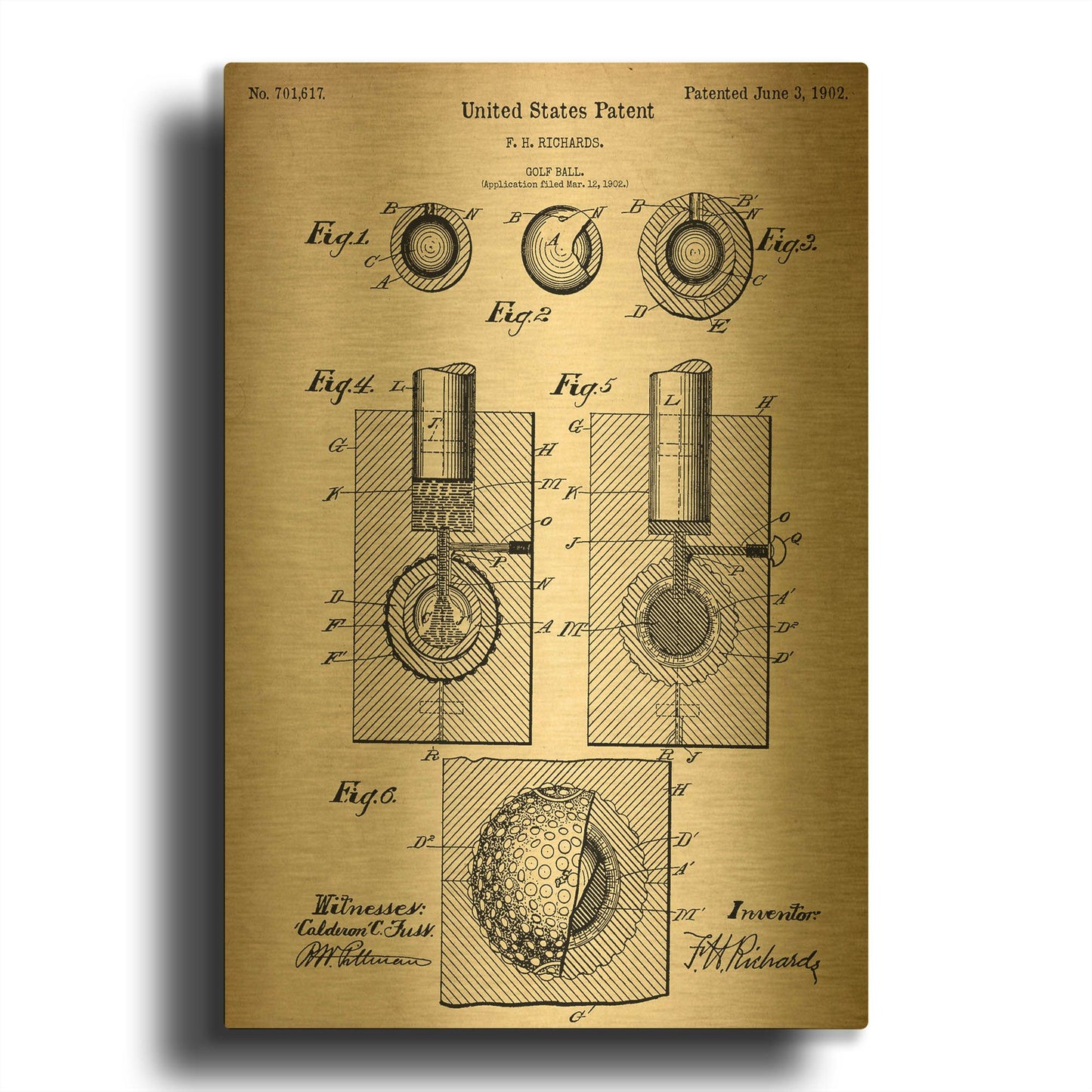 'Golf Ball Vintage Patent Blueprint' By LUXE Gold Metal Wall Art