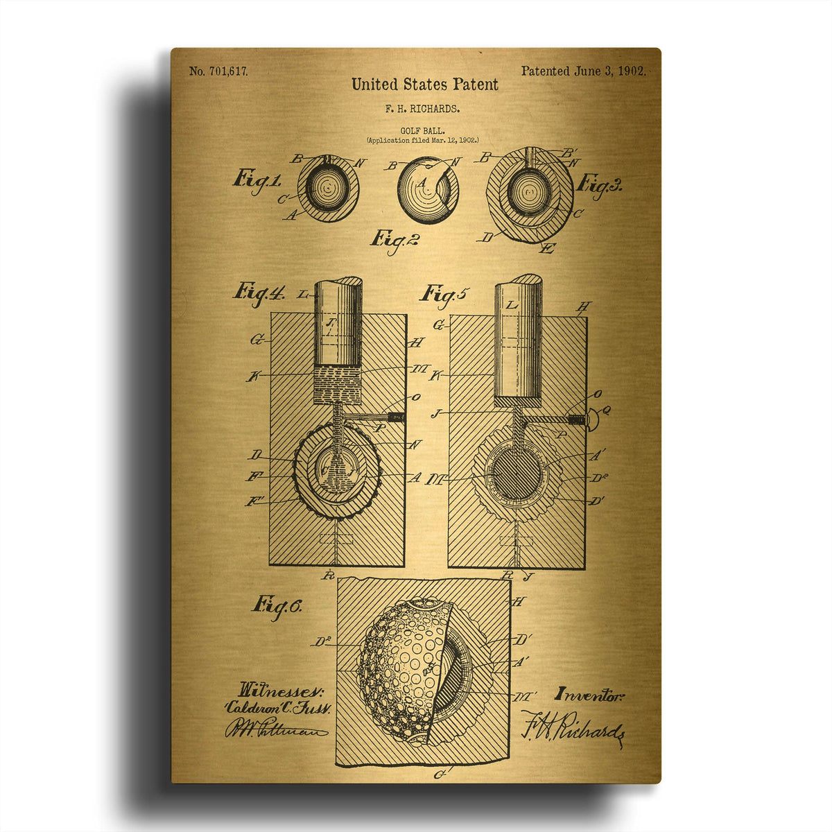 'Golf Ball Vintage Patent Blueprint' By LUXE Gold Metal Wall Art