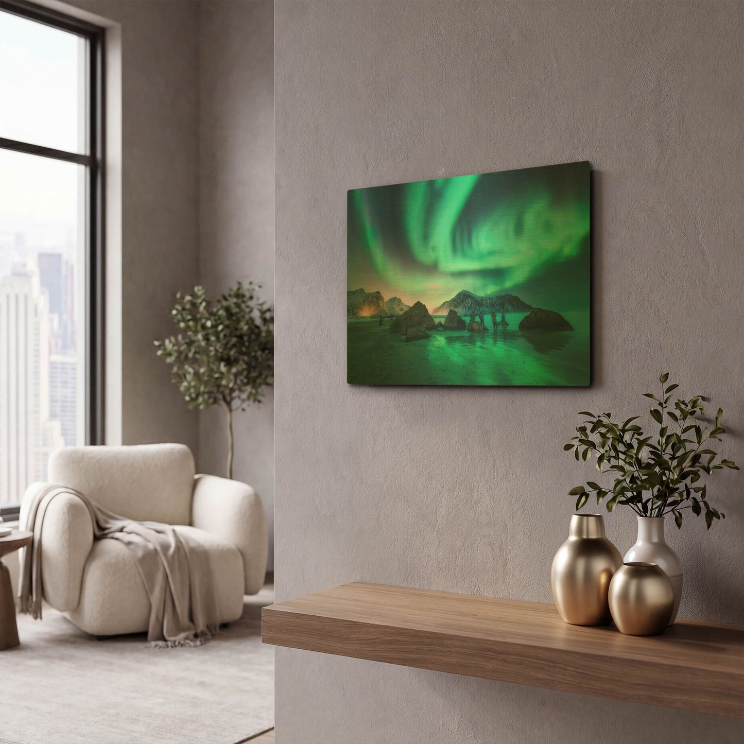 'Green Aurora Borealis And People' By LUXE Gold Metal Wall Art