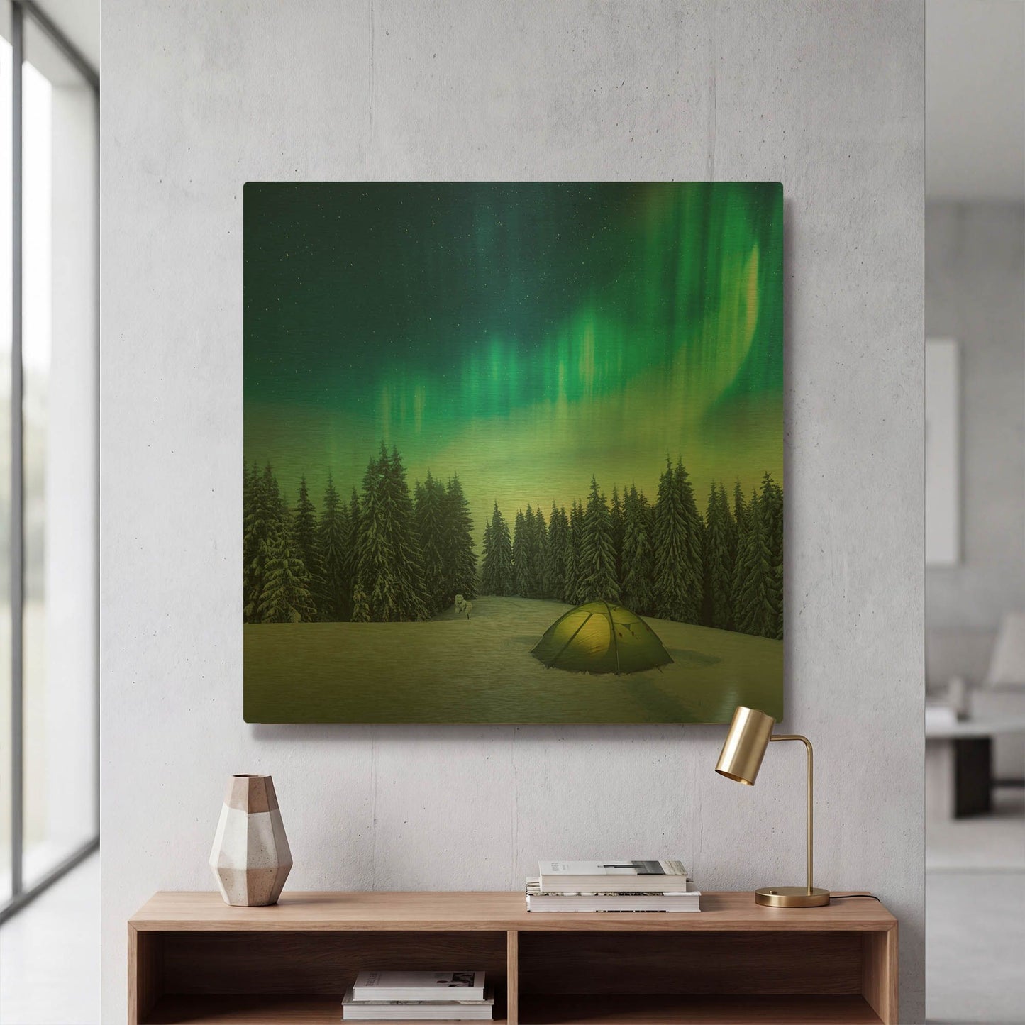 'Northern Lights In Winter Forest 1' By LUXE Gold Metal Wall Art
