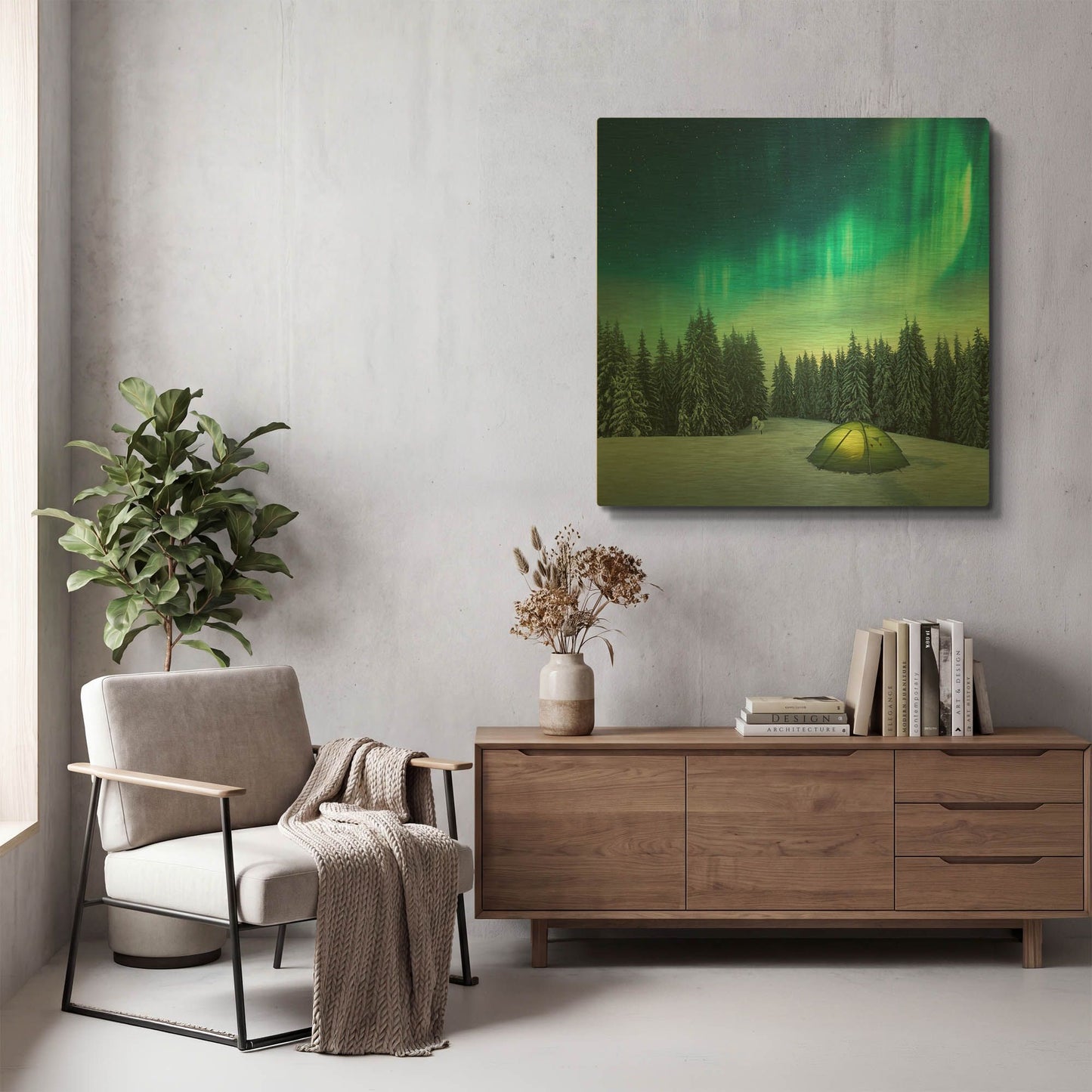 'Northern Lights In Winter Forest 1' By LUXE Gold Metal Wall Art