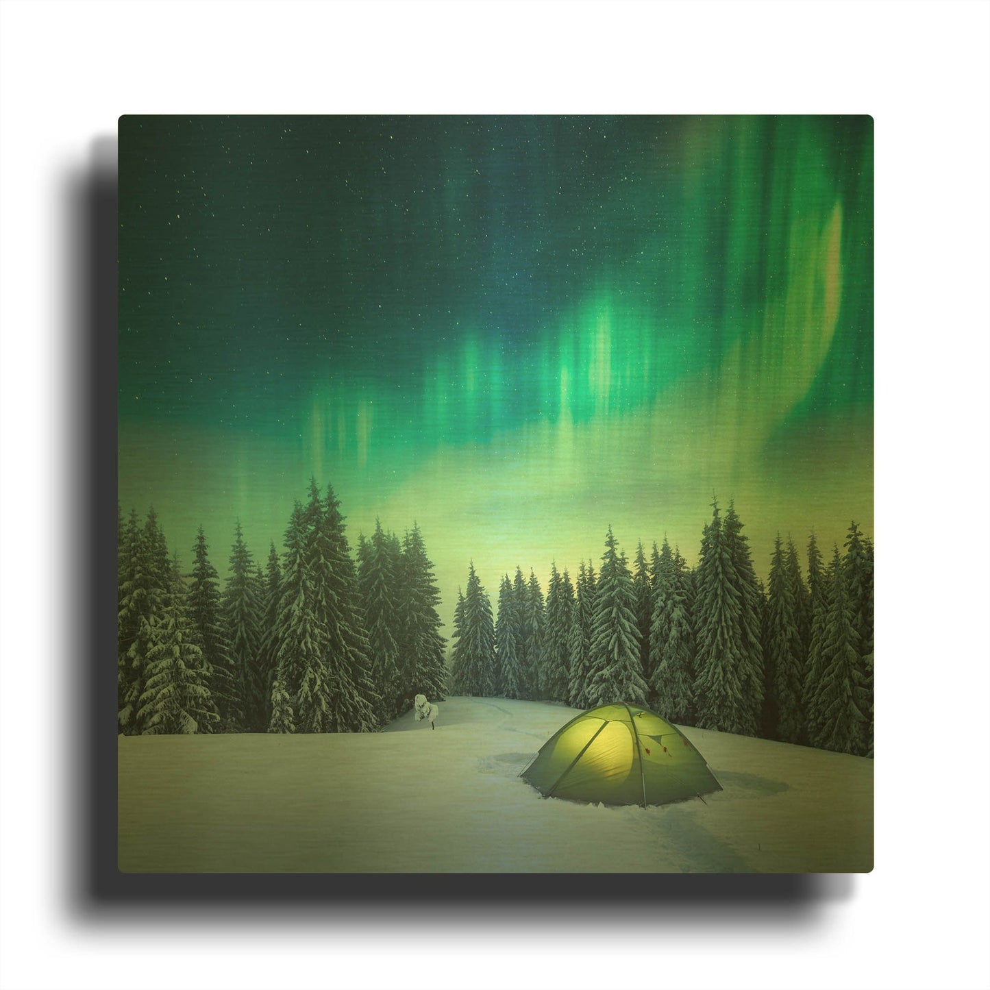 'Northern Lights In Winter Forest 1' By LUXE Gold Metal Wall Art