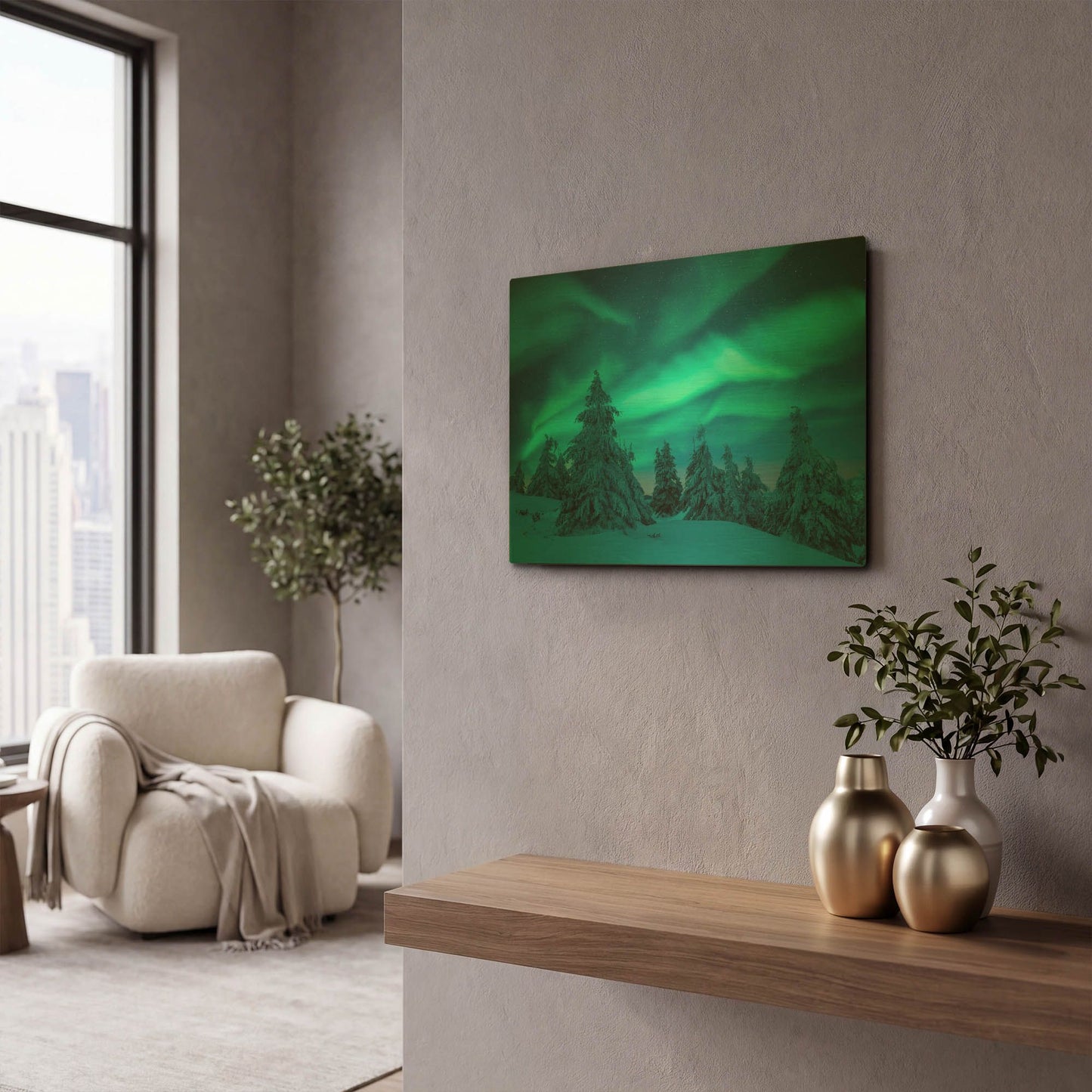 'Northern Lights In Winter Forest 2' By LUXE Gold Metal Wall Art