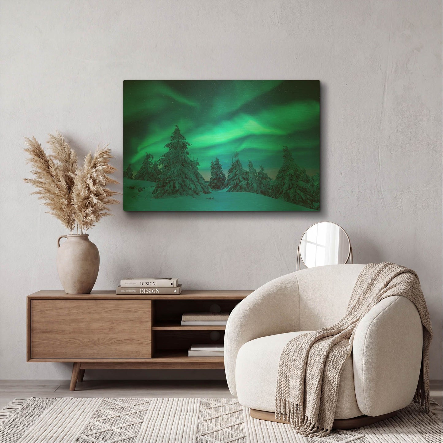 'Northern Lights In Winter Forest 2' By LUXE Gold Metal Wall Art