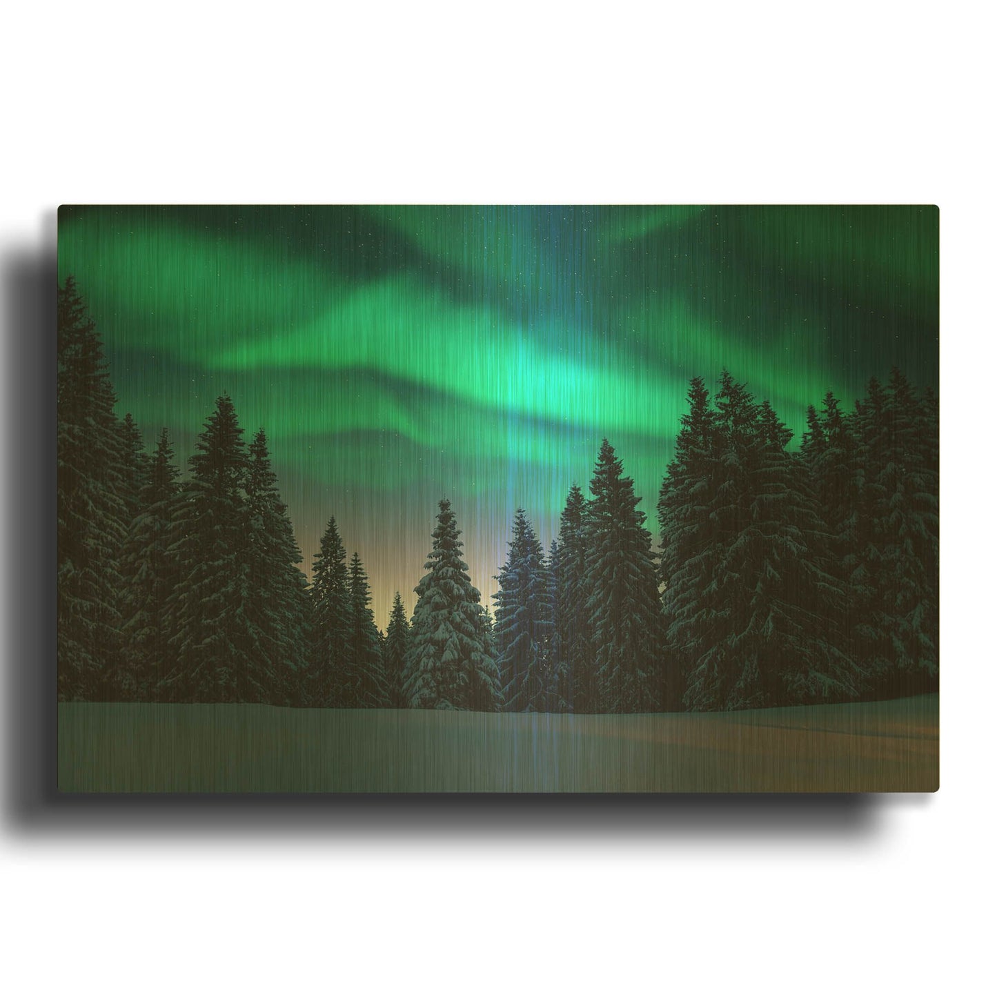 'Northern Lights In Winter Forest 3' By LUXE Gold Metal Wall Art