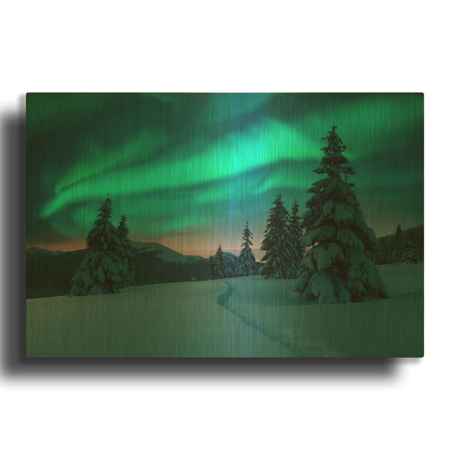 'Northern Lights In Winter Forest 4' By LUXE Gold Metal Wall Art