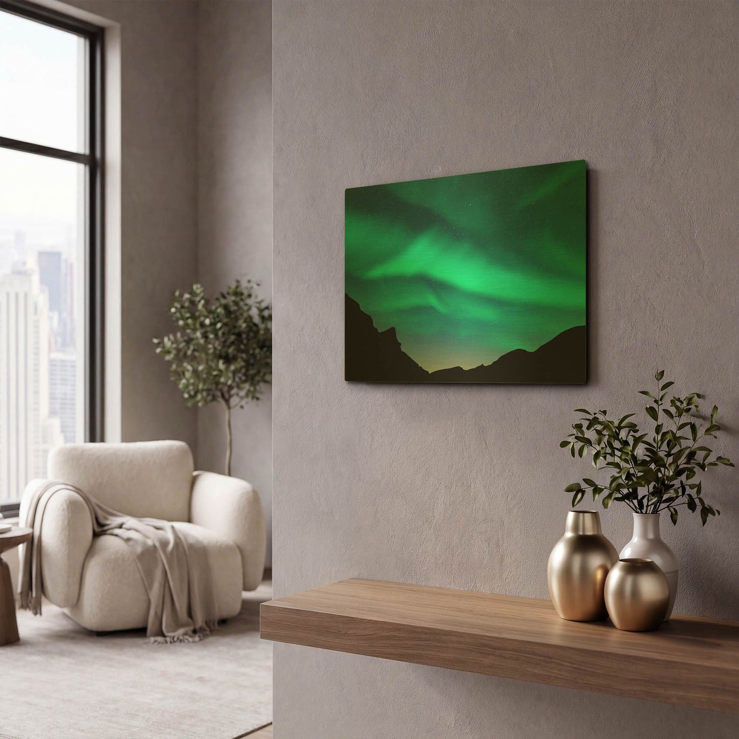 'Northern Lights In Winter Mountains' By LUXE Gold Metal Wall Art