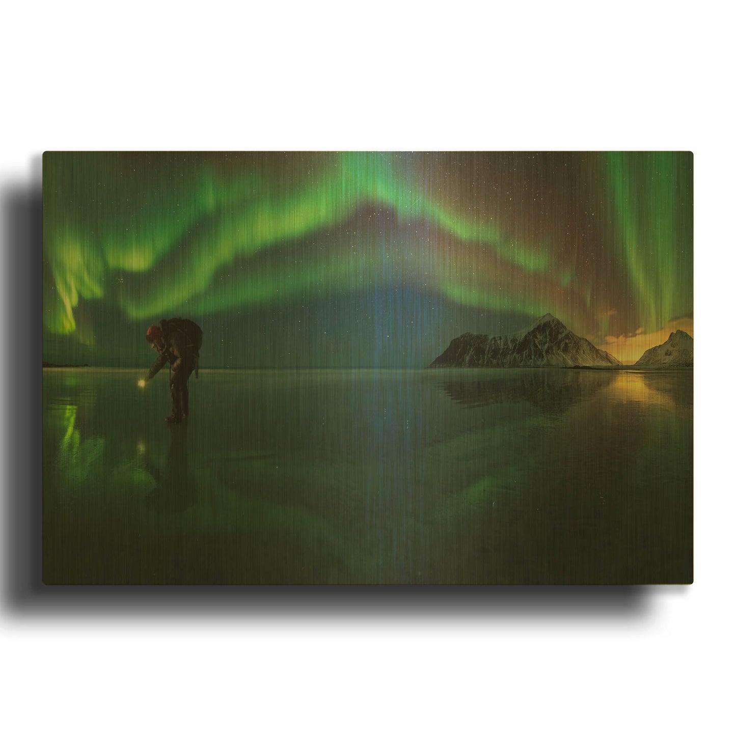 'Person On Ice During Northern Lights' By LUXE Gold Metal Wall Art
