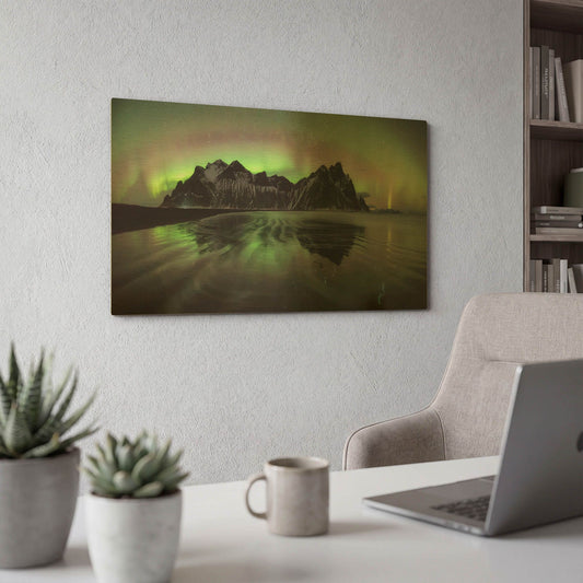 'Water And Mountain During Northern Lights' By LUXE Gold Metal Wall Art