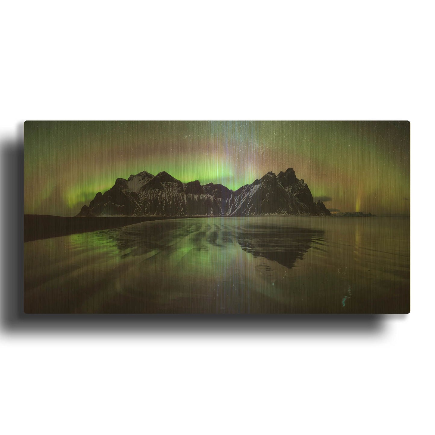 'Water And Mountain During Northern Lights' By LUXE Gold Metal Wall Art