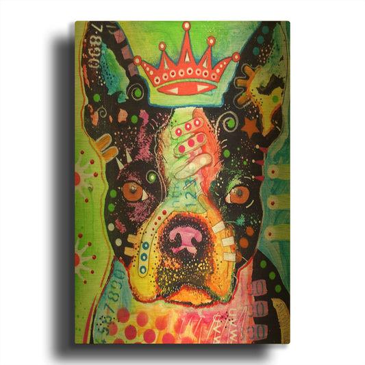 'Boston Terrier Crowned' By Dean Russo Gold Metal Wall Art