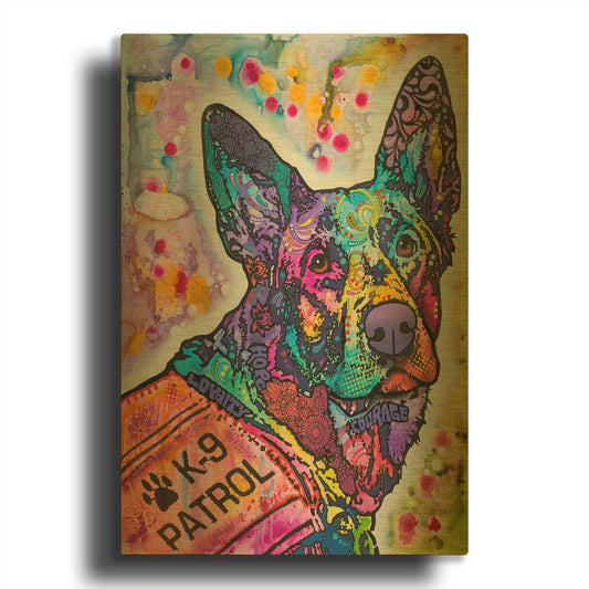 'K 9 Patrol German Shep Action' By Dean Russo Gold Metal Wall Art