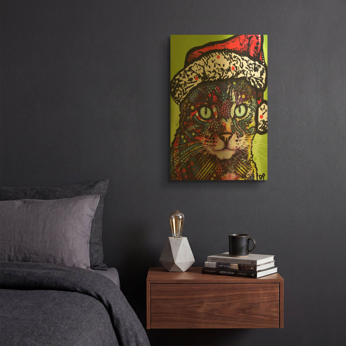 'Watchful Cat Christmas Edition' By Dean Russo Gold Metal Wall Art
