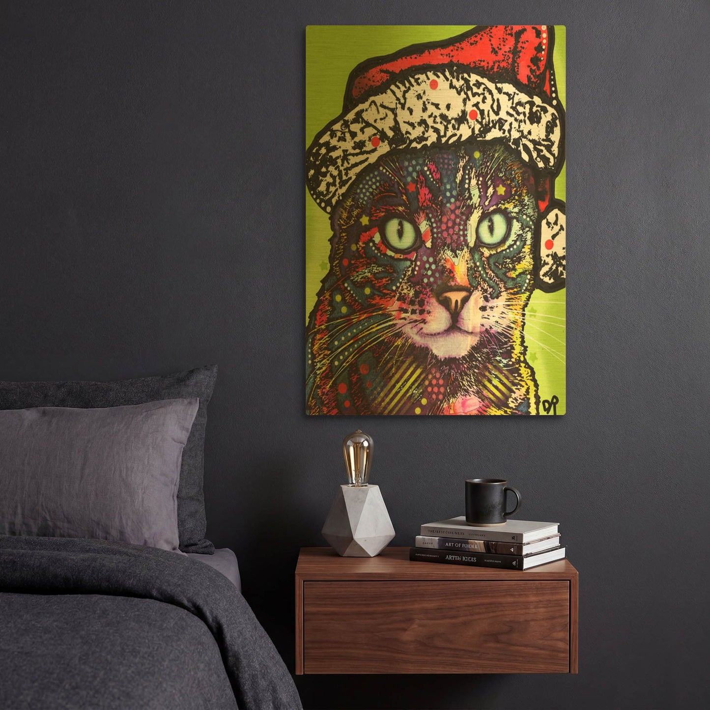 'Watchful Cat Christmas Edition' By Dean Russo Gold Metal Wall Art