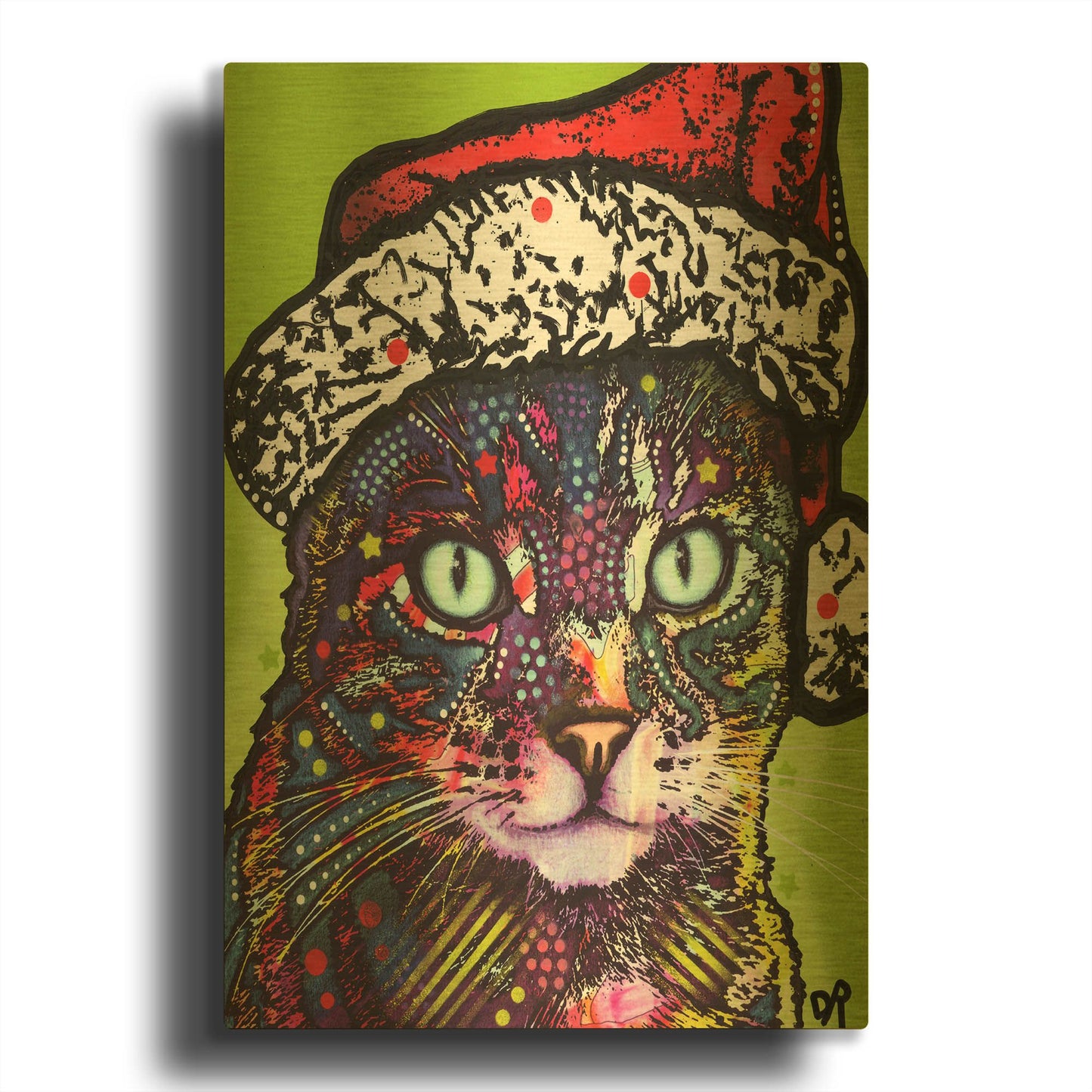 'Watchful Cat Christmas Edition' By Dean Russo Gold Metal Wall Art