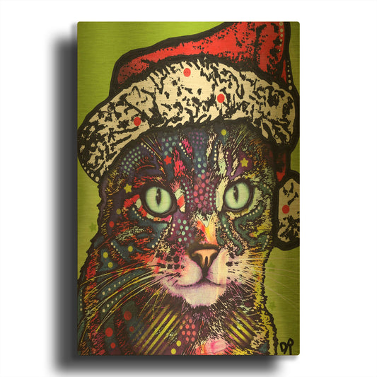 'Watchful Cat Christmas Edition' By Dean Russo Gold Metal Wall Art