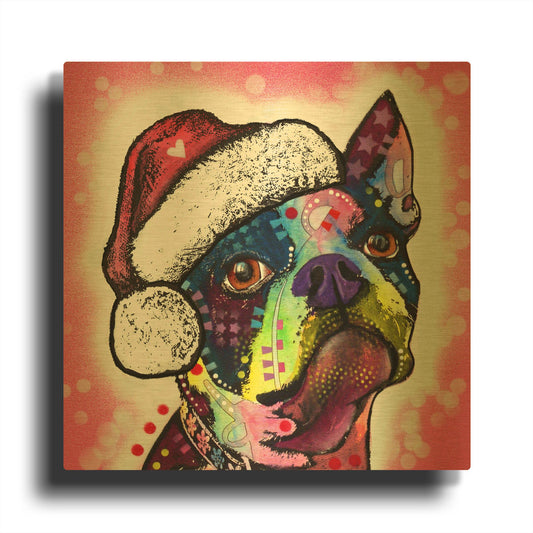 'Boston Terrier Christmas' By Dean Russo Gold Metal Wall Art