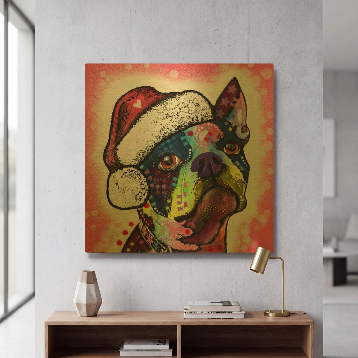 'Boston Terrier Christmas' By Dean Russo Gold Metal Wall Art