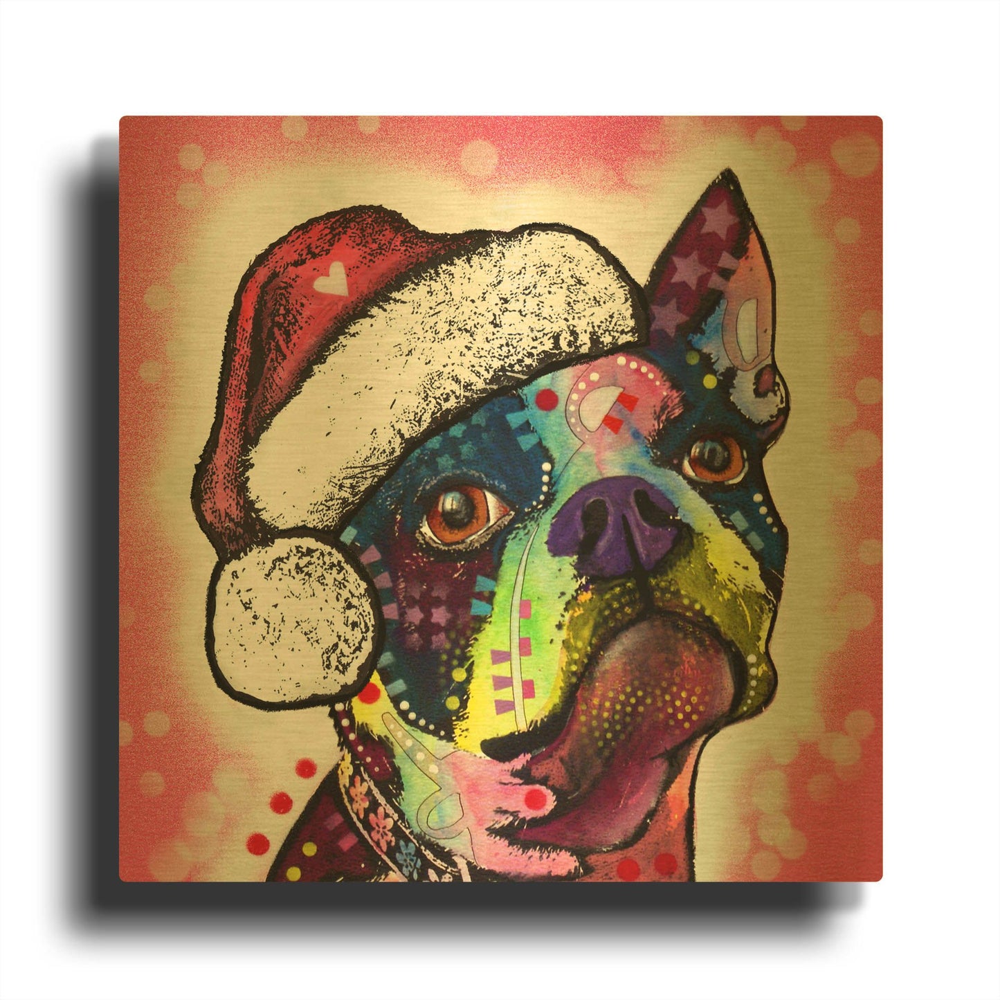 'Boston Terrier Christmas' By Dean Russo Gold Metal Wall Art