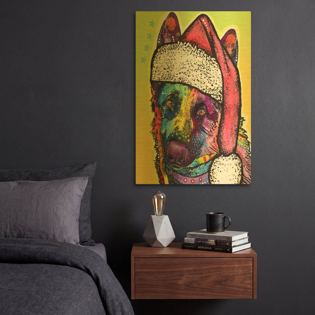 'German Shepherd Christmas' By Dean Russo Gold Metal Wall Art