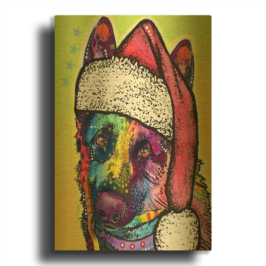 'German Shepherd Christmas' By Dean Russo Gold Metal Wall Art