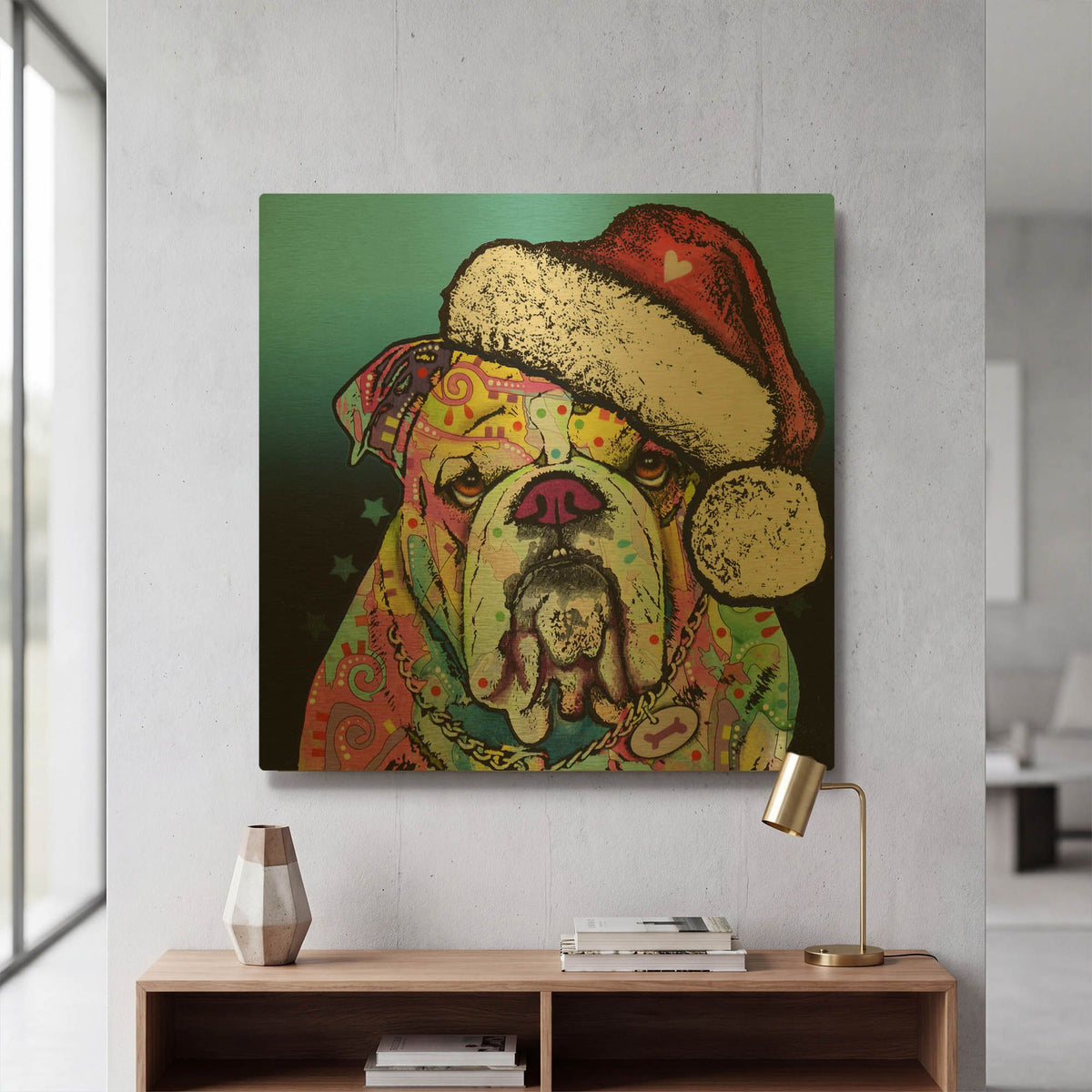 'The Bulldog Christmas' By Dean Russo Gold Metal Wall Art