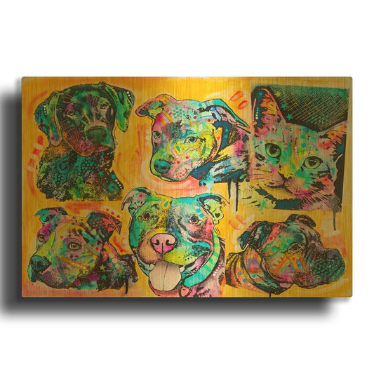 '5 Dogs And A Cat' By Dean Russo Gold Metal Wall Art