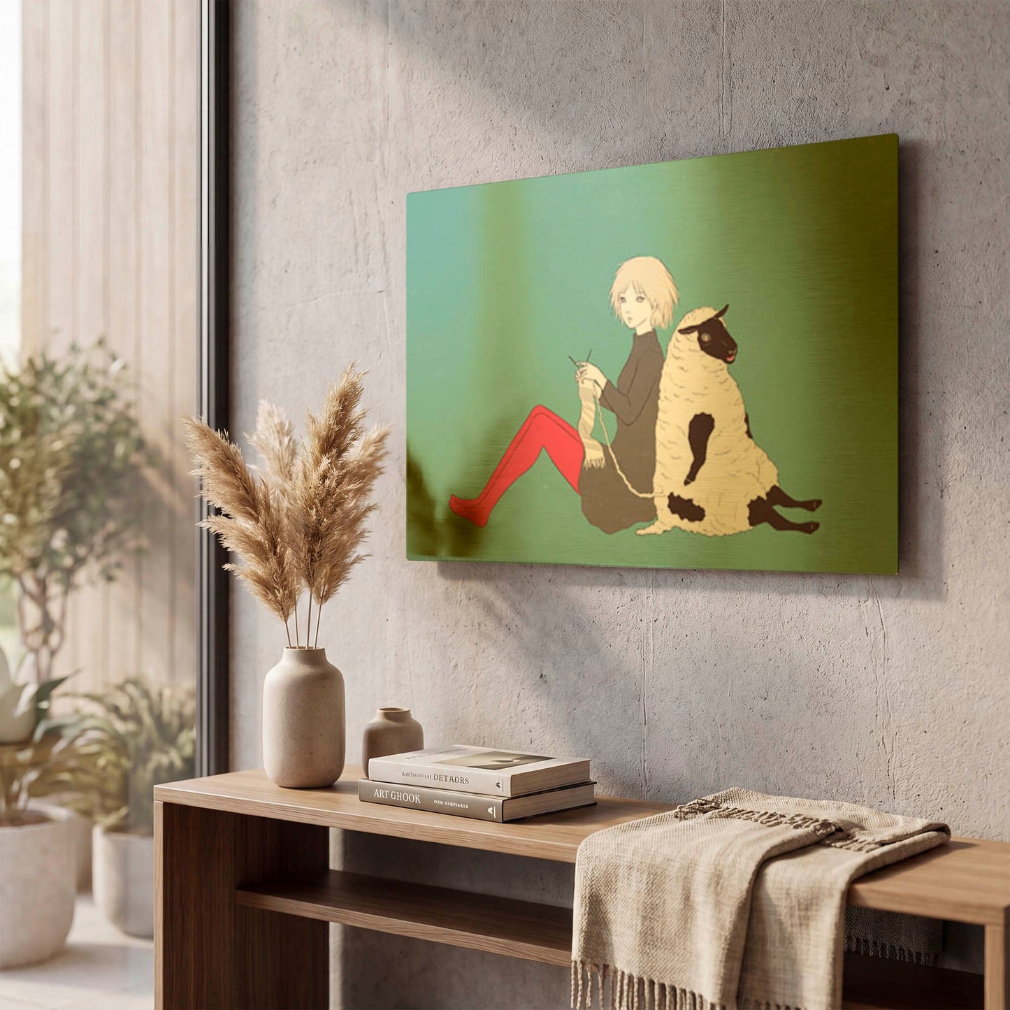 'Sheep and Girl' By Sai Tamiya Gold Metal Wall Art