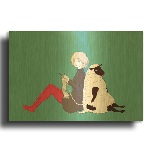 'Sheep and Girl' By Sai Tamiya Gold Metal Wall Art
