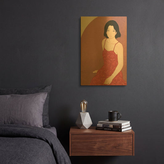 'A Woman in a Red Dress' By Sai Tamiya Gold Metal Wall Art
