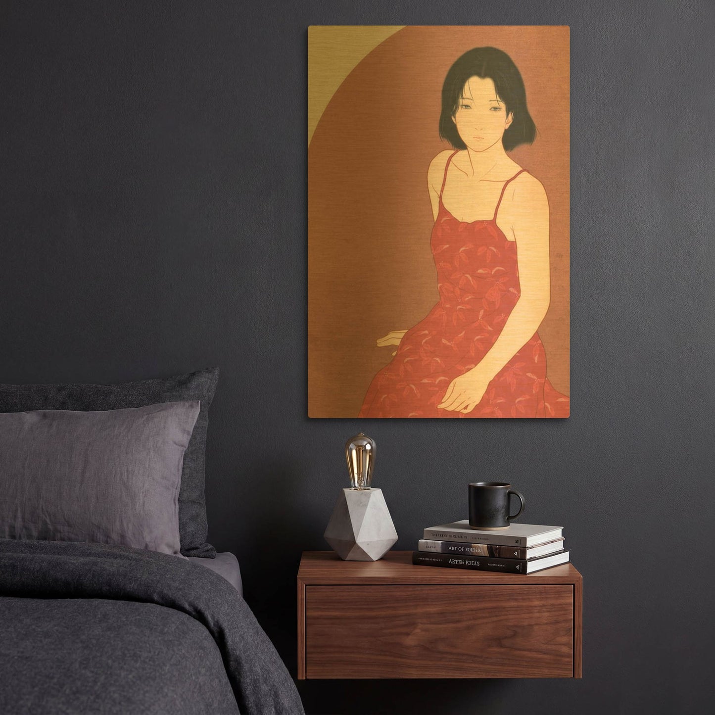 'A Woman in a Red Dress' By Sai Tamiya Gold Metal Wall Art