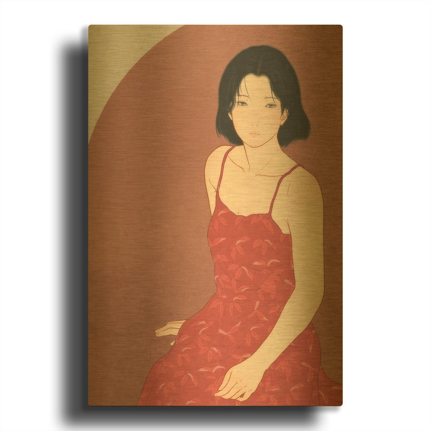 'A Woman in a Red Dress' By Sai Tamiya Gold Metal Wall Art