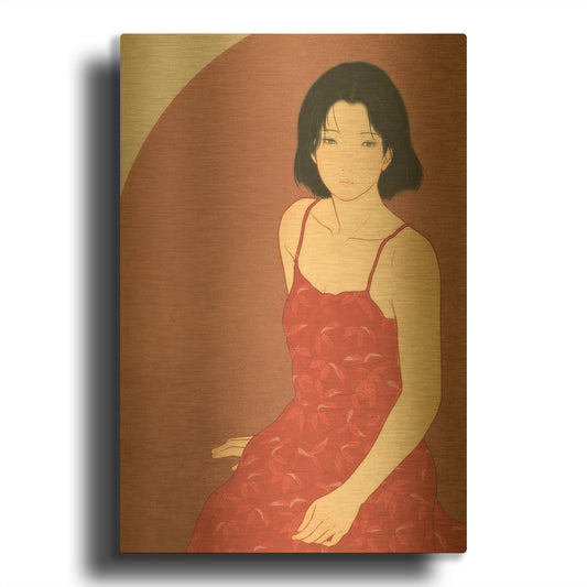 'A Woman in a Red Dress' By Sai Tamiya Gold Metal Wall Art