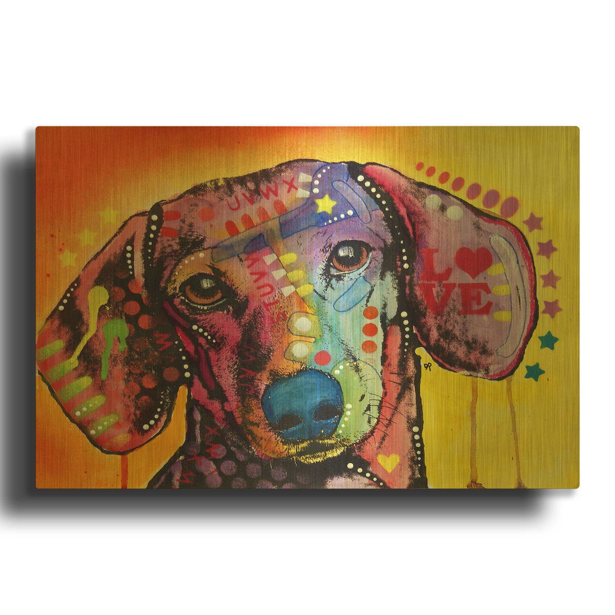 'Tilt Dachshund Love' By Dean Russo Gold Metal Wall Art