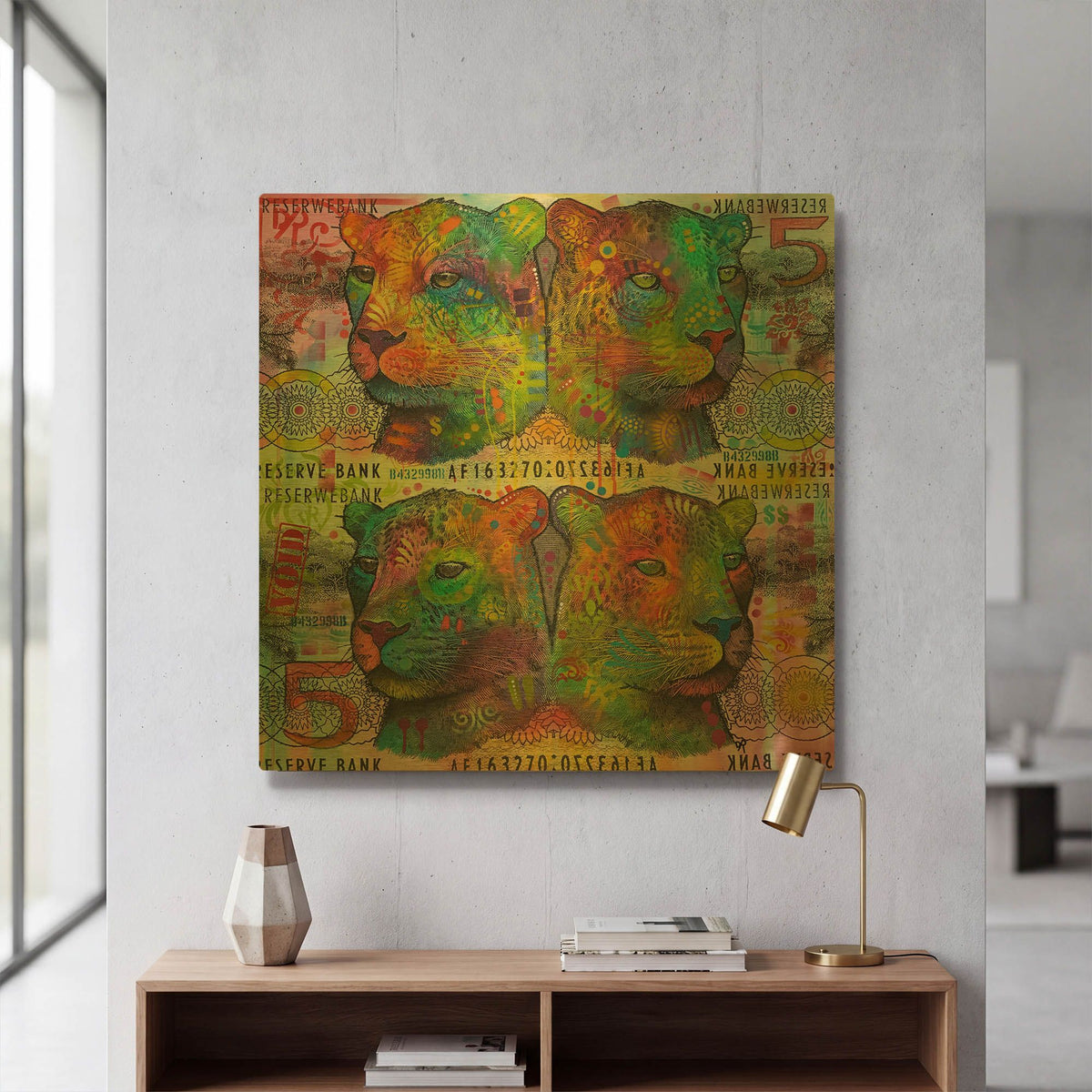 'Big Cat Reflect 5' By Dean Russo Gold Metal Wall Art