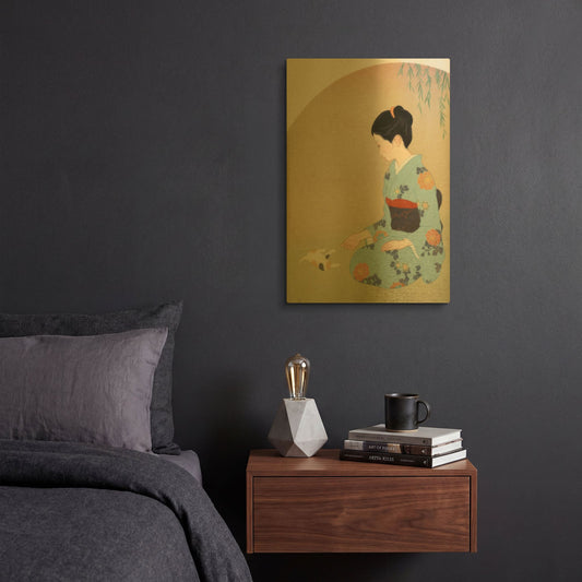 'Cat And Woman' By Sai Tamiya Gold Metal Wall Art